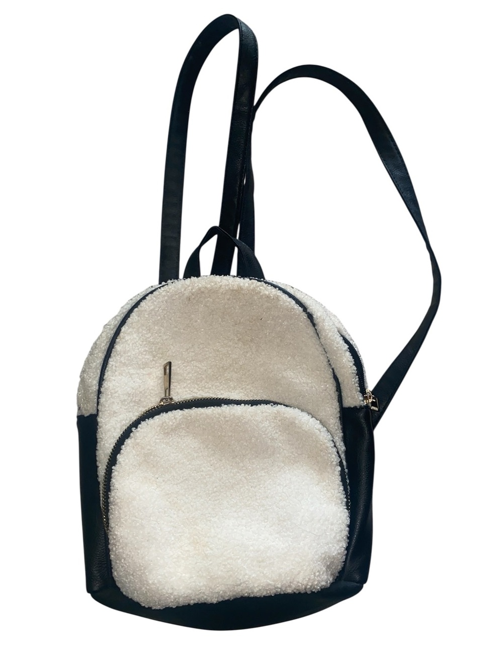 Dome Backpack with black faux leather and white shearling (sherpa) fabric.